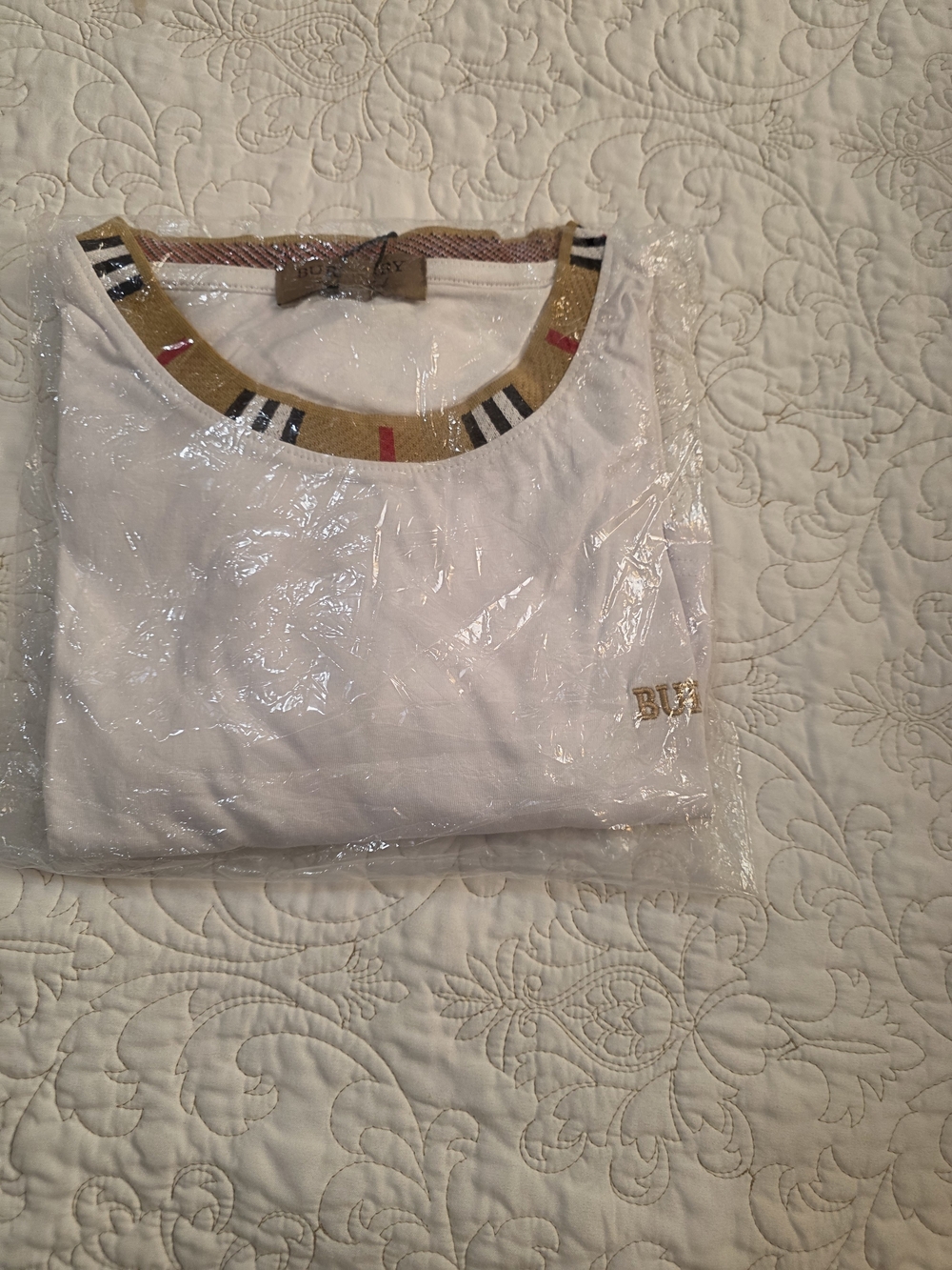 Burberry White Short Sleeve Tee with Gold-Trimmed Neckline